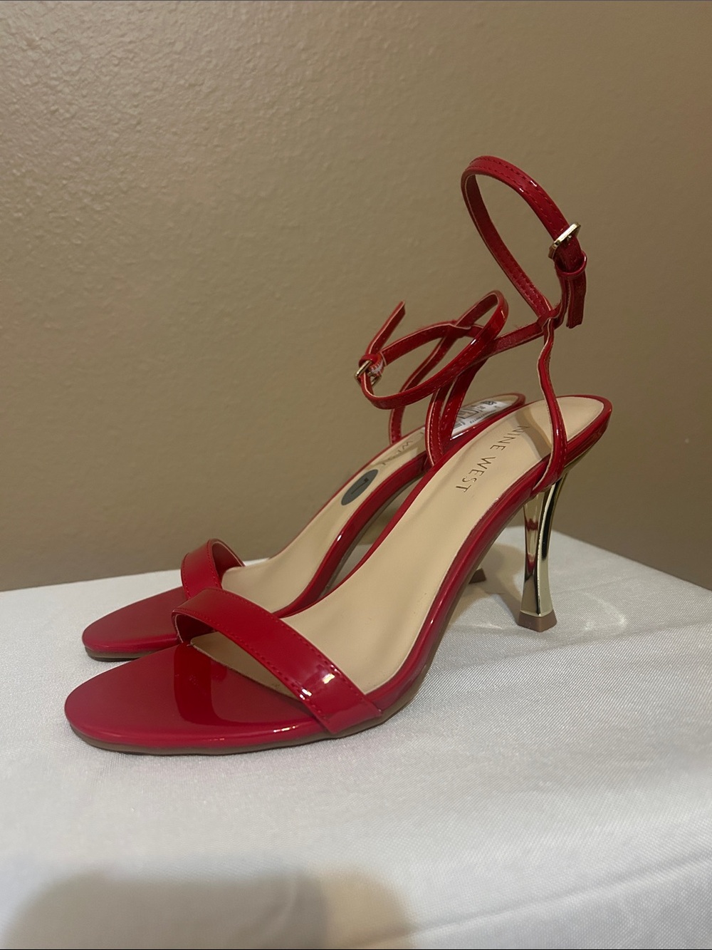 Nine West Red Patent Ankle-Strap Stiletto Sandals with Gold Heel